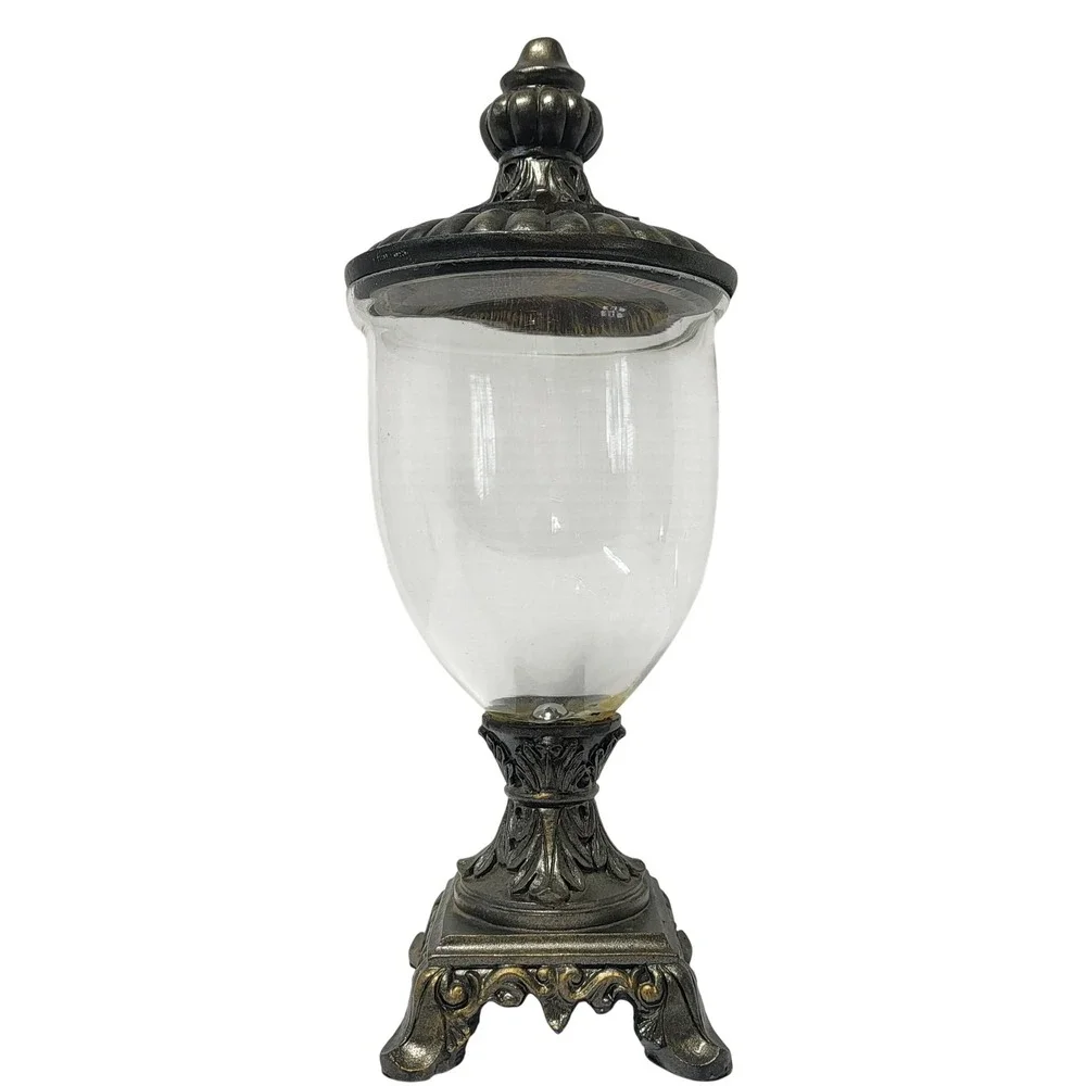 Antique Bronze Finish Glass Apothecary Jar Ornate Footed Lidded Decorative Urn*